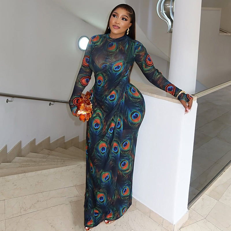 Graceful Personality Women Clothing Printed Sexy Hip Slightly Transparent Turtleneck Long Sleeve Slim Fit Dress Bella Mia