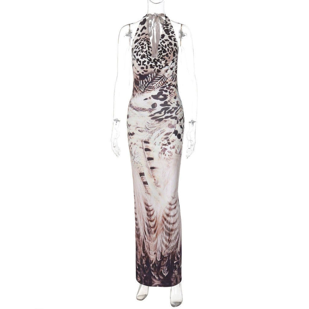 Women Clothing Autumn Printed Sexy Backless Slim Fit Lace up Dress Bella Mia