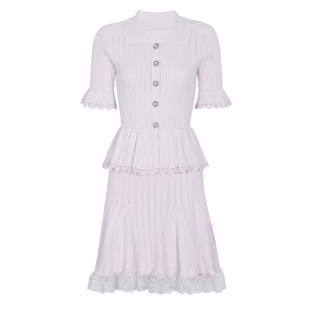 Summer Celebrity Internet Slim Fitting Slimming Fashionable Short Sleeve Collared Lace Dress