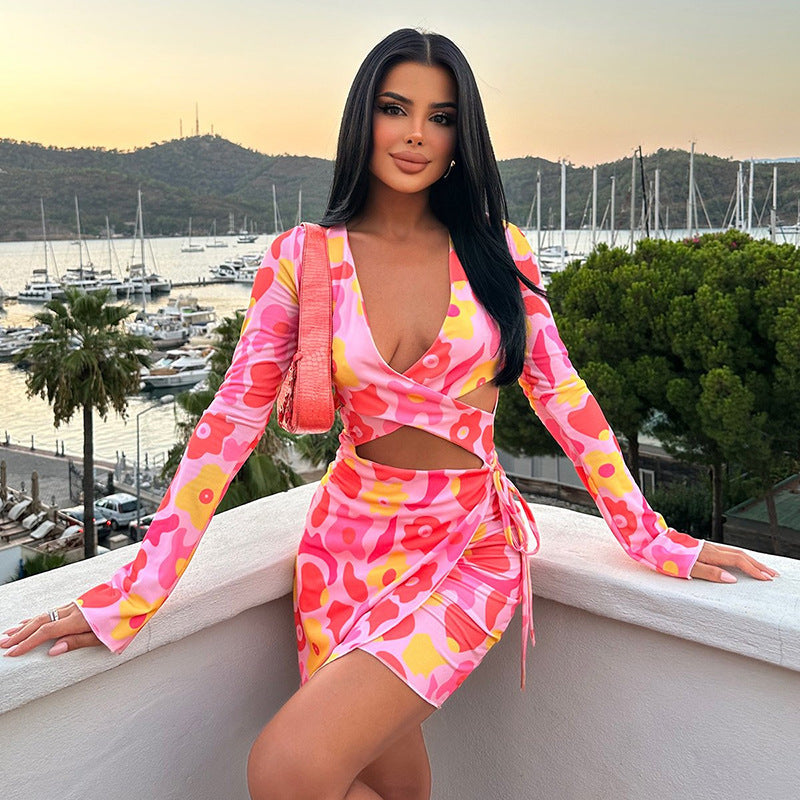 Sexy Wear Sexy V neck Top Sweet Cool Women Clothing Long Sleeve Hollow Out Cutout Dress Bella Mia