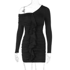 Arrival Solid Color Pleated Diagonal Collar Slim Sheath Elegant Short Dress Bella Mia