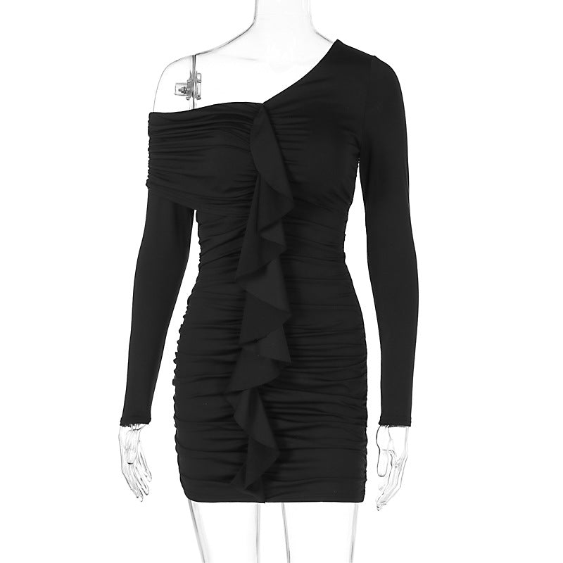 Arrival Solid Color Pleated Diagonal Collar Slim Sheath Elegant Short Dress Bella Mia