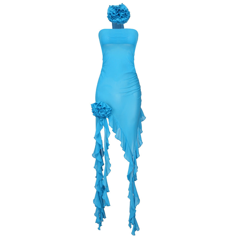 Summer Women Clothing White Net Yarn Floral Ribbon Strapless Dress Blue Chiffon Dress Bella Mia