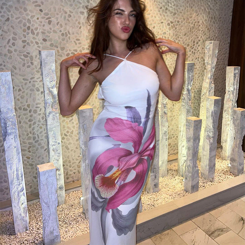 Summer Women Sling Backless Slim Fit Dress Printed Tape Lining Maxi Dress Bella Mia