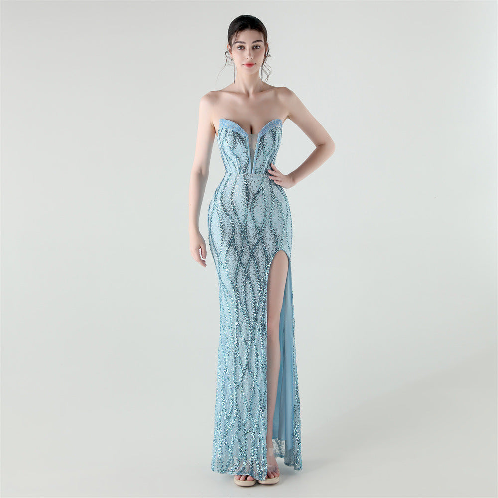 Boning Corset Waist Tight Heavy Industry Beads Heart Shaped Collar Sequined Evening Dress Luxury Cocktail Evening Dress Bella Mia