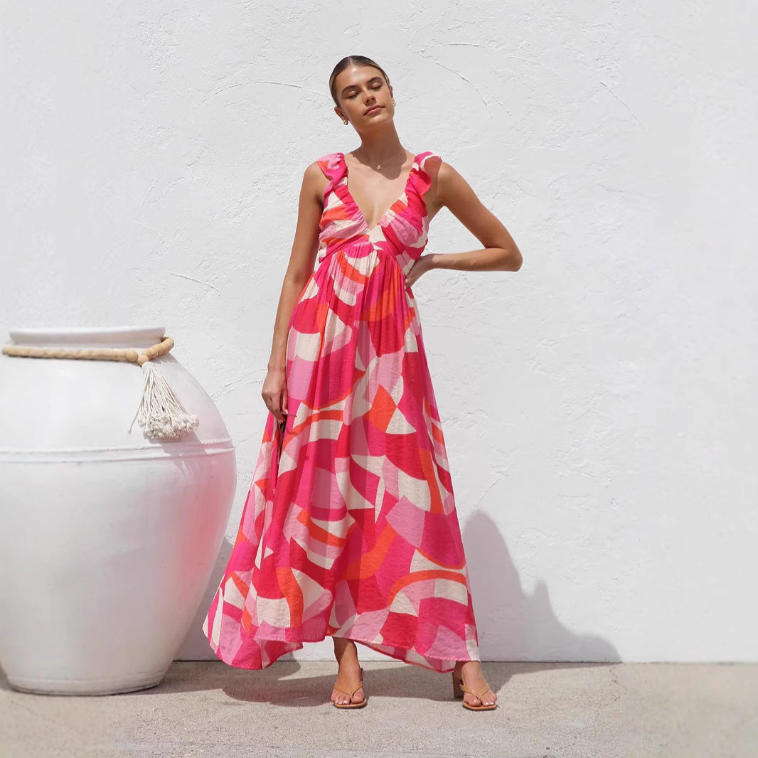 Summer Dress Same Printed V neck Large Swing Strap Dress Women Bella Mia