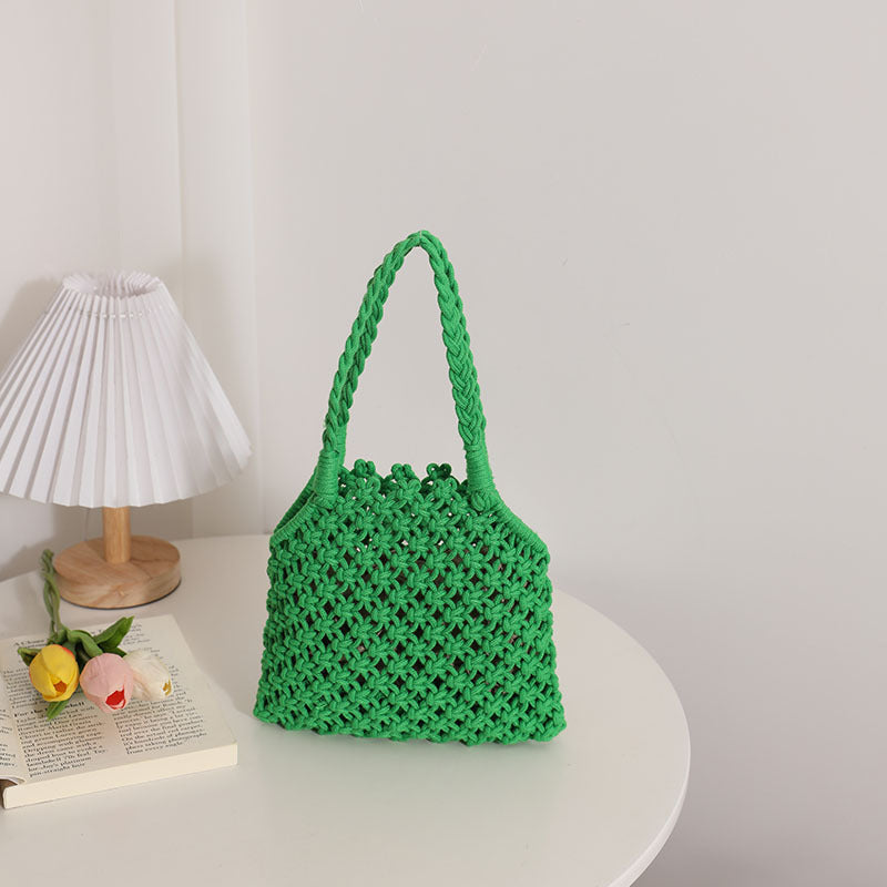 Hollow Out Cutout Cotton Thread Woven Bag Summer Cotton String Women Bag Portable Solid Color Straw Bag Vacation Beach Bag