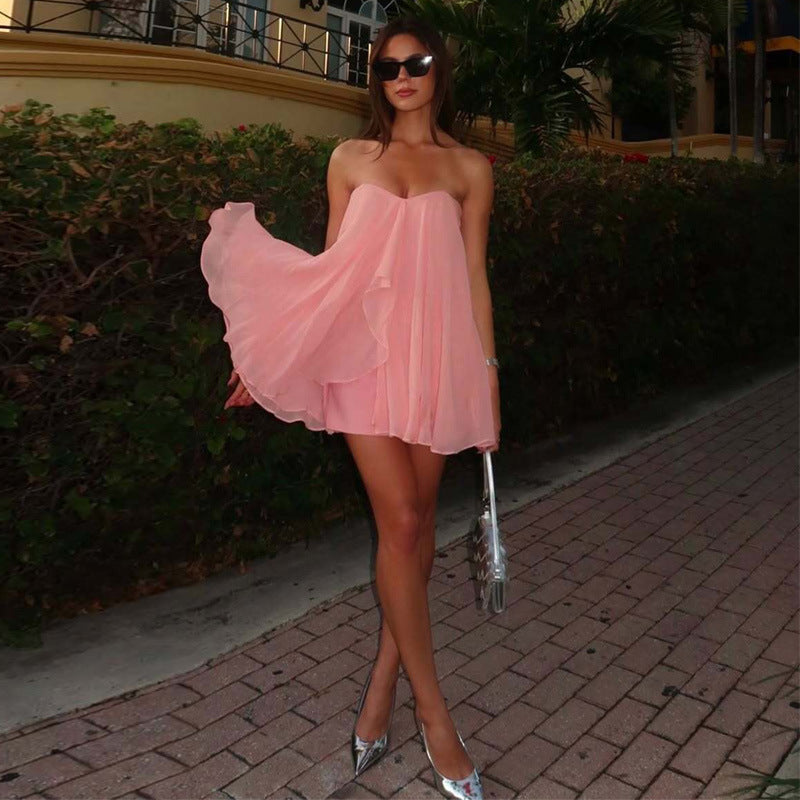 Summer Sexy Tube Top Irregular Asymmetric Laminated Solid Color Layered Street Mesh Dress Bella Mia