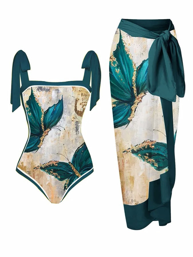 Swimwear Multi Color Printed Chiffon Dress One Piece Sunscreen Swimsuit Bella Mia