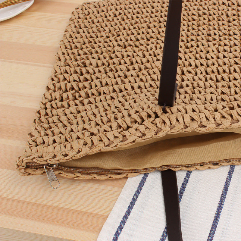 Large Capacity Casual Straw Bag Korean Shoulder Bag Solid Color Handmade Woven Bag Mori Photo Bella Mia