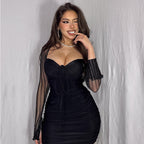 Lace Screen Color Contrast Patchwork Dress Flared Sleeve Sheath Dress Tight Lace up Women Bella Mia