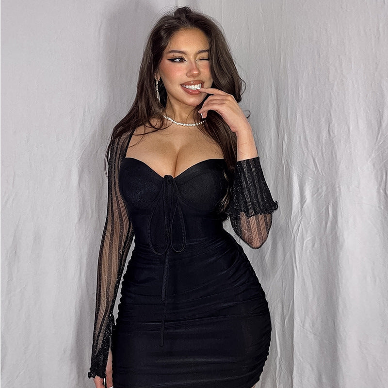 Lace Screen Color Contrast Patchwork Dress Flared Sleeve Sheath Dress Tight Lace up Women Bella Mia