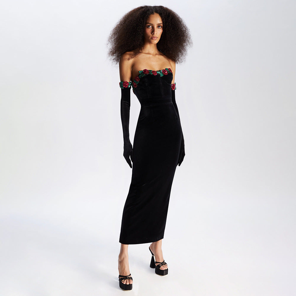 Spring Summer Floral Sequin Lace Decoration Velvet Dress Women Clothing Dress with Gloves Bella Mia