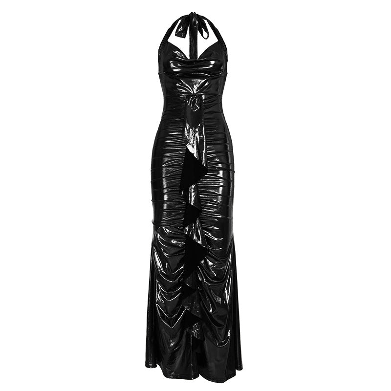 Sexy Dress Elegant Glossy Coating Backless Lace up Swing Collar Slim Fit Sheath Mop Dress Bella Mia
