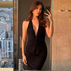 Sexy Deep V Plunge neck Sleeveless Solid Color Backless Street Sheath Mid Length Halter Dress Women Clothing Bella Mia