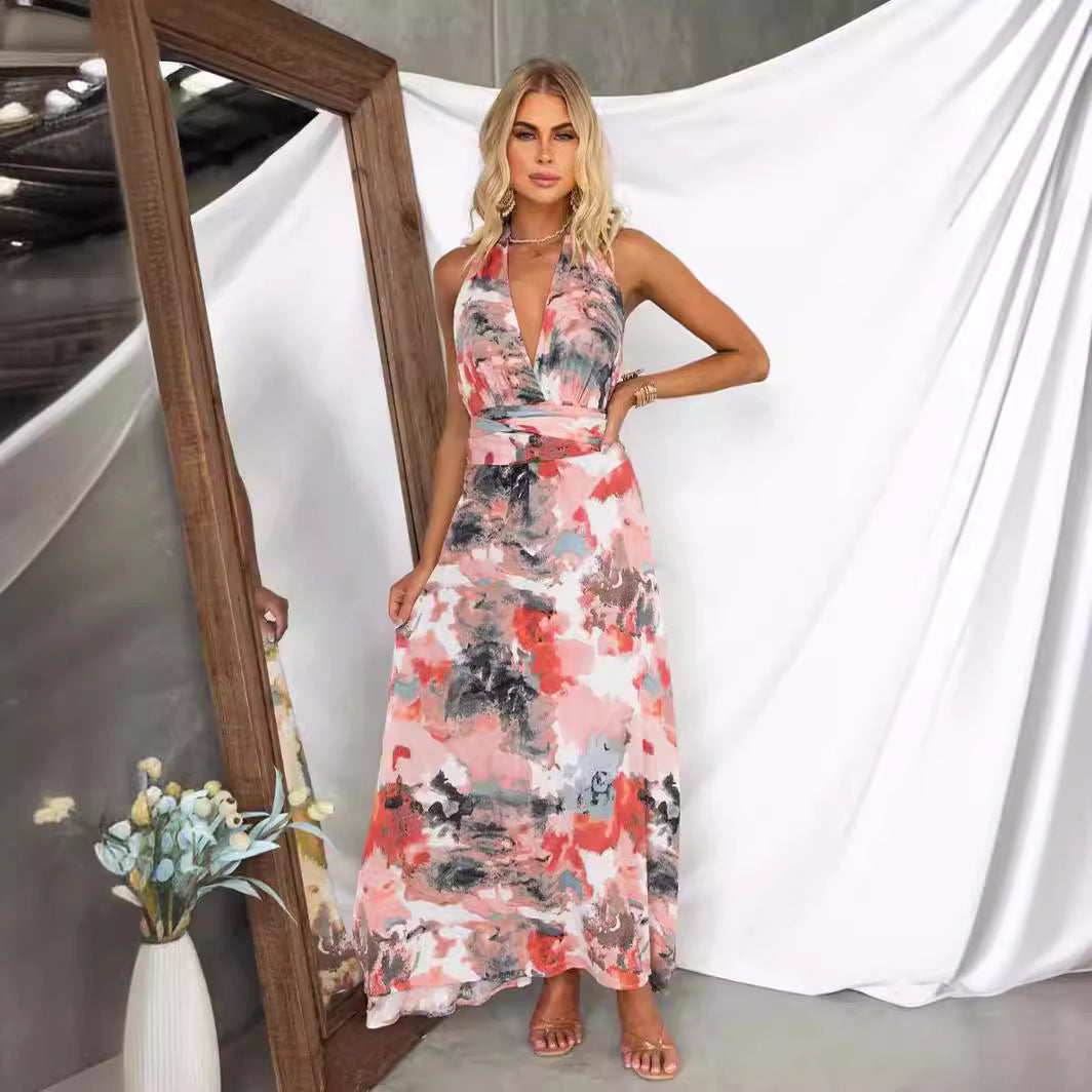 Spring Summer Printing Tied V neck Waist Tight Sexy A line Dress