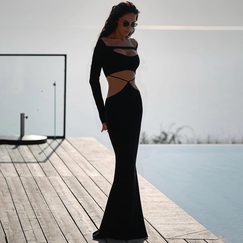 Fall Women Clothing Solid Color Sexy Cutout off Neck Slim Fit Long Sleeve Narrow Dress Women Bella Mia