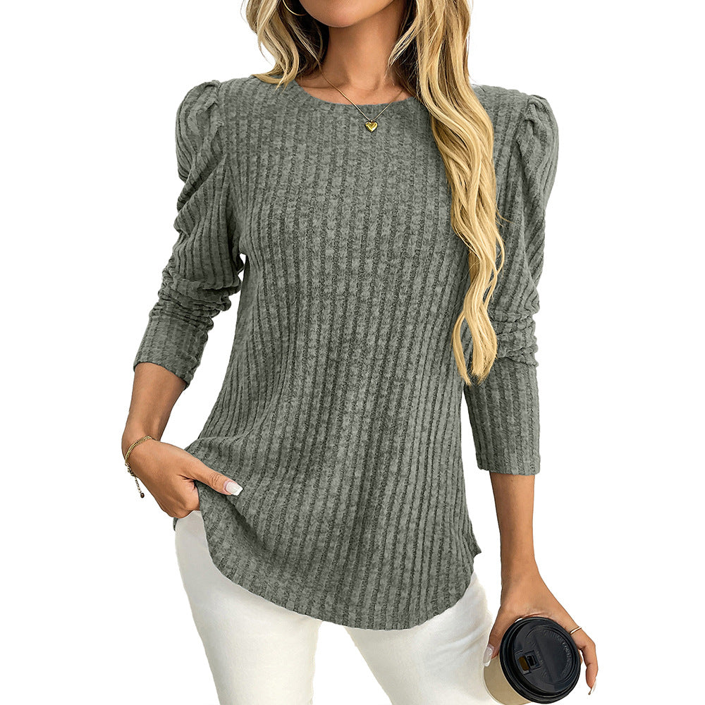 Arrival Women round Neck Puff Sleeve Brushed Sunken Stripe Solid Color Upper Clothes Long Sleeves T shirt Bella Mia