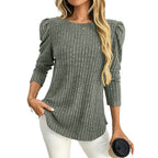 Arrival Women round Neck Puff Sleeve Brushed Sunken Stripe Solid Color Upper Clothes Long Sleeves T shirt Bella Mia