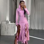 Summer Popular Trend Ruffled Stitching Long Sleeve Hooded Irregular Asymmetric Dress Bella Mia