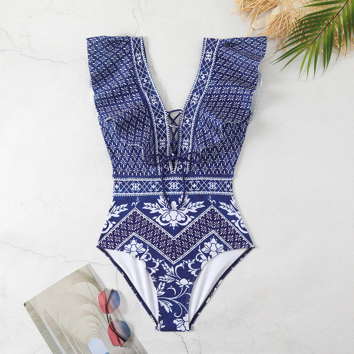 Shoulder Ruffled Deep V Plunge Sexy Backless Swimsuit Women Swimsuit