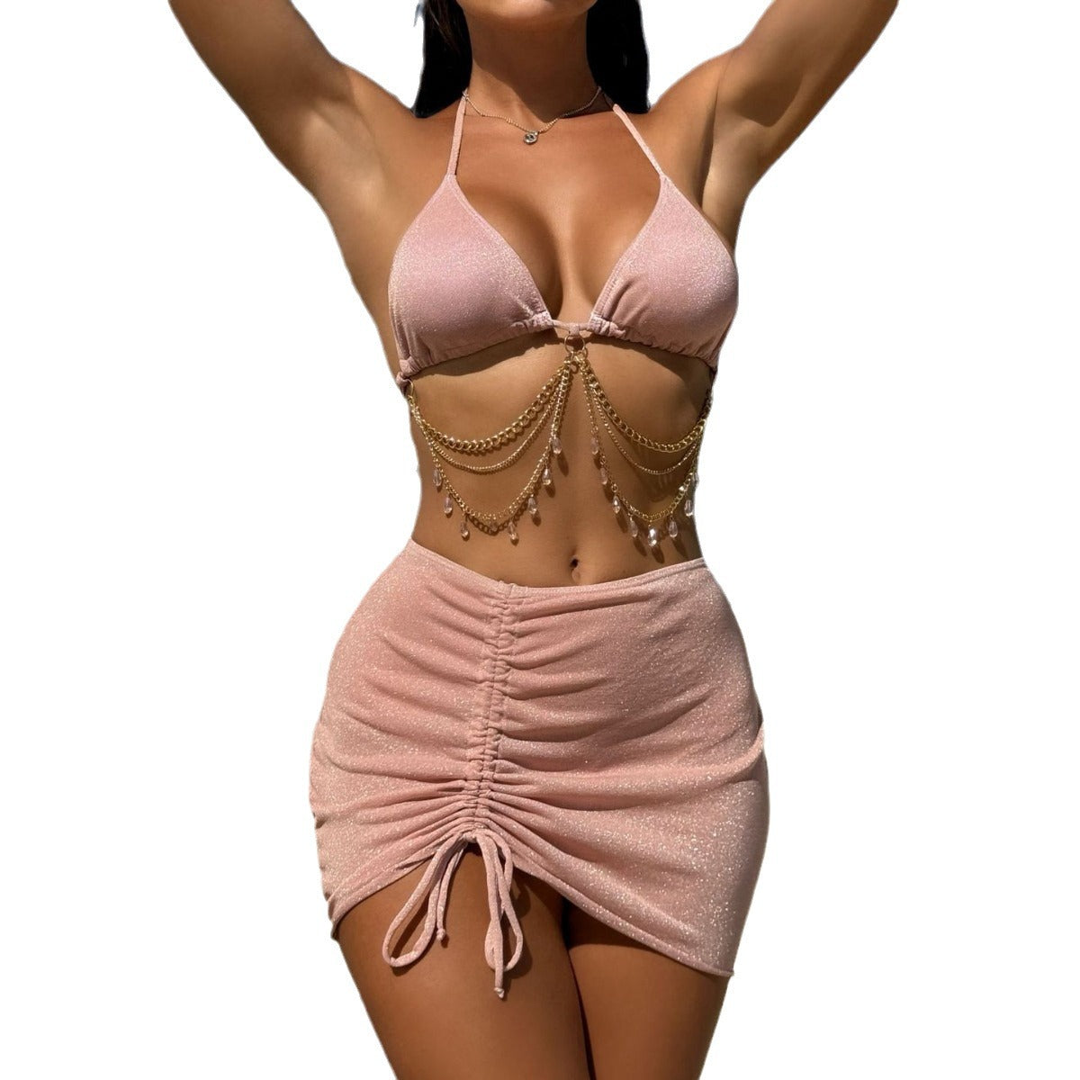 Sexy Drawstring Strap Shiny Cloth Diamond Lanyard Three Piece Swimsuit Bikini Bella Mia
