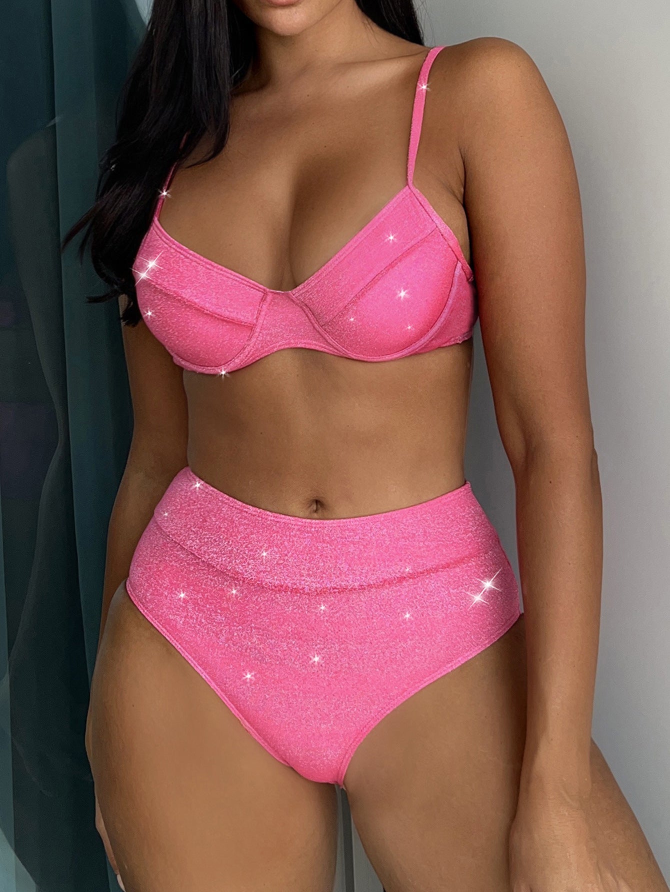 Women Seperated Swimwear Gold Silver Silk Sexy Steel Bracket High Waist Flash Bella Mia