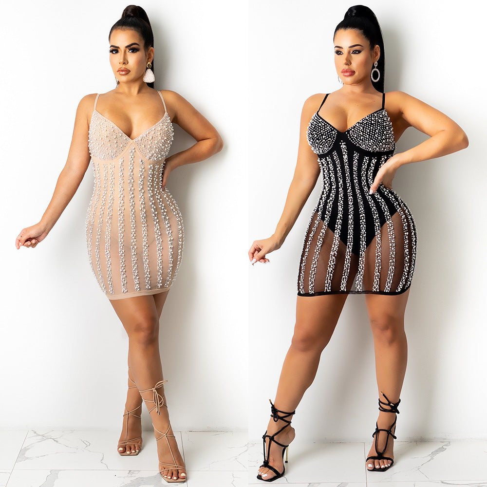 Rhinestone Pearl See-through V-neck Brace Sexy Dress Nightclub Uniforms Plus size Bella Mia