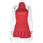 Personalized Waist Women Clothing Solid Color Fluffy Pleated Tiered Dress Stand Collar Short Sleeveless Dress Bella Mia