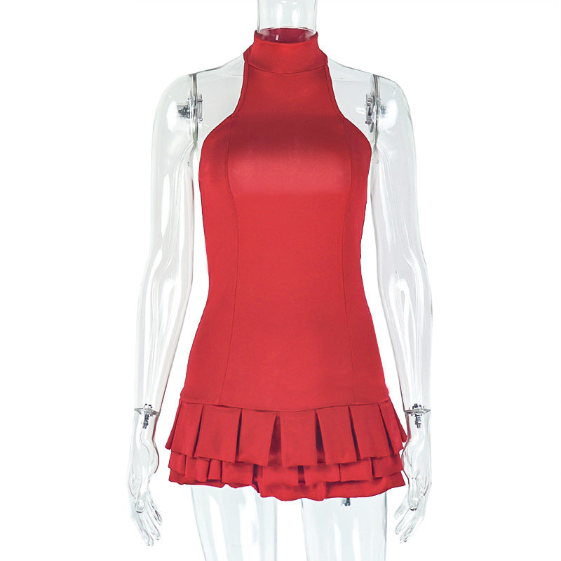 Personalized Waist Women Clothing Solid Color Fluffy Pleated Tiered Dress Stand Collar Short Sleeveless Dress Bella Mia