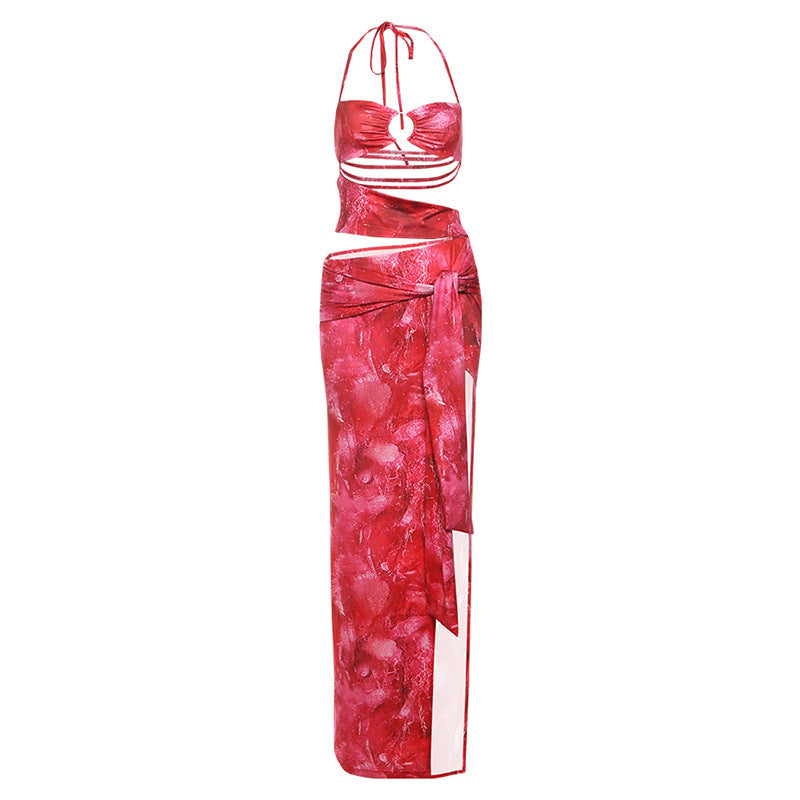 Spring Women Clothing Sexy Printed Halter Cut out Bandage High Slit Backless Dress Bella Mia