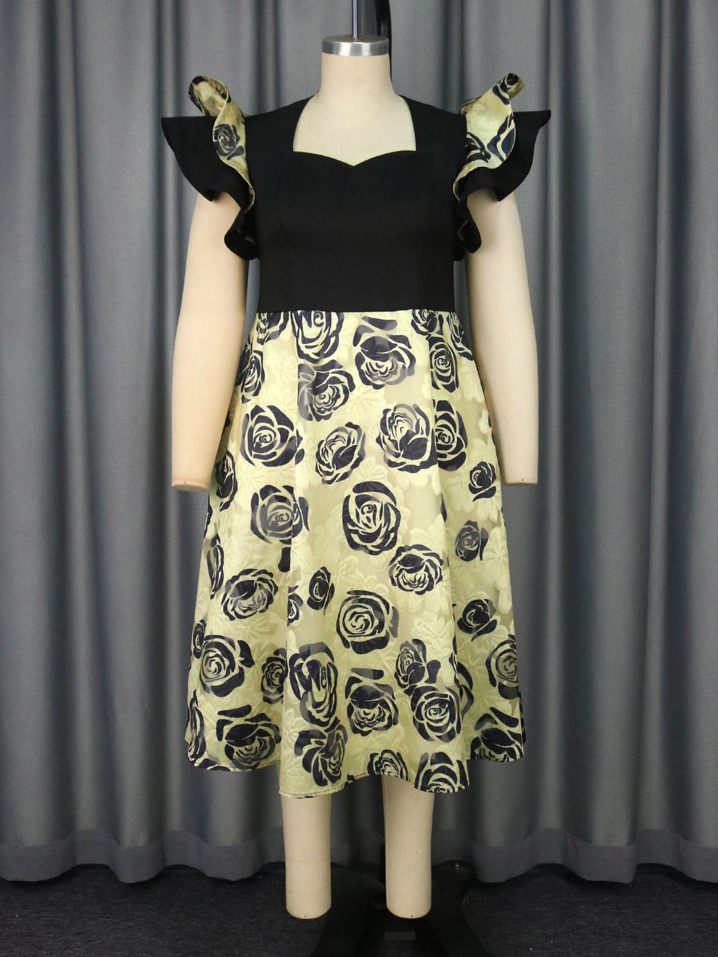 Square Collar Lotus Leaf Sleeve Dress High Waist Rose Jacquard a Swing Cocktail Dress Bella Mia