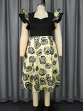 Square Collar Lotus Leaf Sleeve Dress High Waist Rose Jacquard a Swing Cocktail Dress Bella Mia