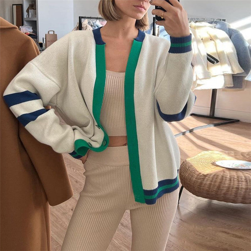 Contrast Color Cardigan Loose Casual Autumn Winter Sweater Women Striped Simple Knitted Sweater Coat Bella Mia