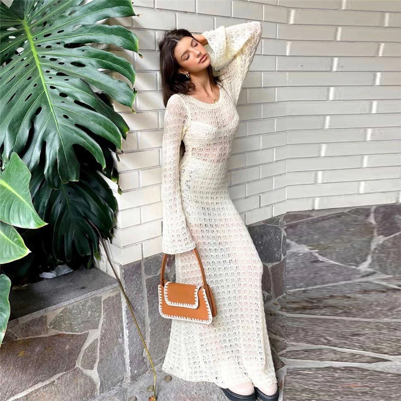 Sexy Backless Knitted Dress Hollow Out Cutout out See through Fishnet Long Sleeve Summer Sun Protection by the Sea Dress Women Bella Mia
