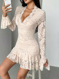 Autumn Winter Lace V neck Double Layer Ruffled Slim Fit Sheath Dress Bella Mia