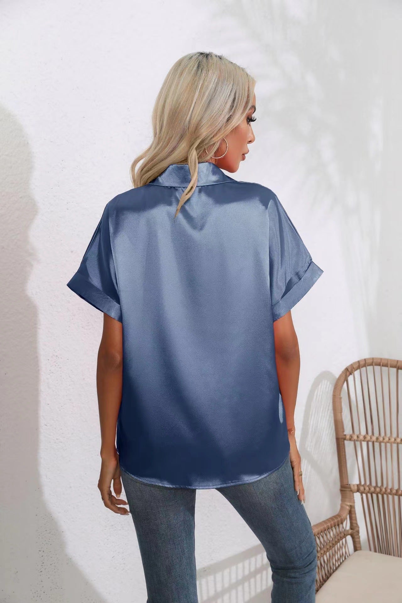 Satin Shirt Short Sleeve Satin Button Shirt Casual Loose Top Women Bella Mia