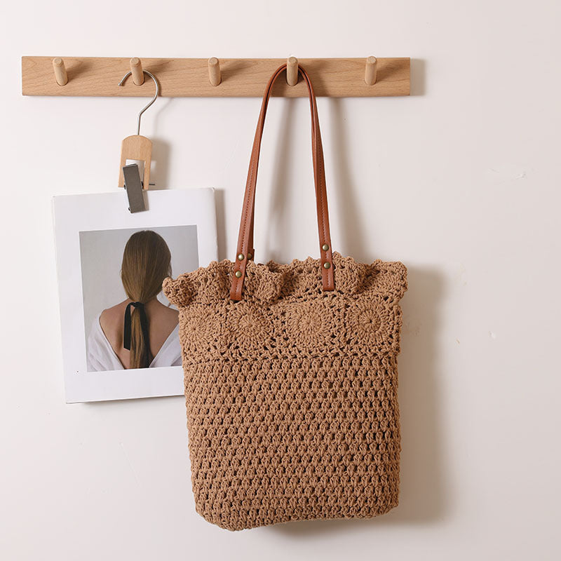 Hollow Out Cutout Floral Single Shoulder Cotton Thread Woven Bag Lace Straw Bag Vacation Beach Bag Office Women Bag Bella Mia