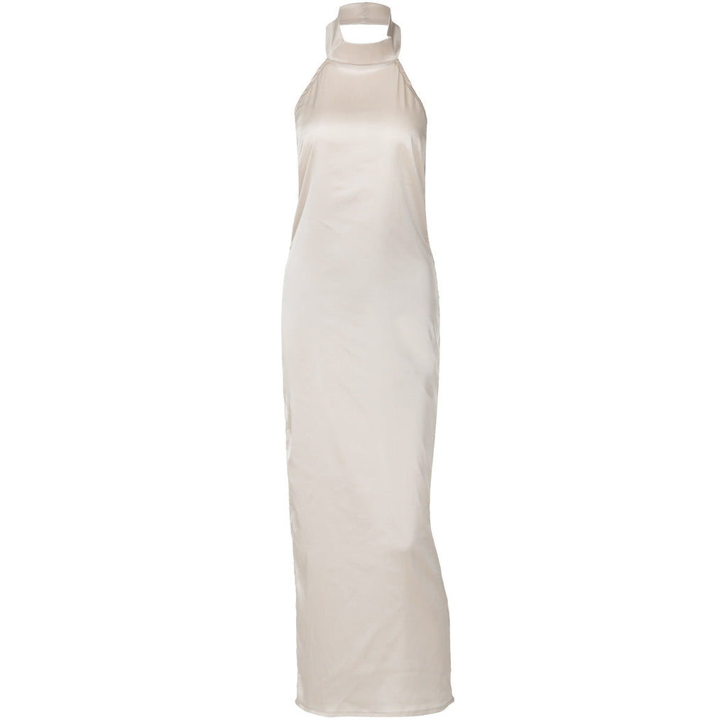 Summer Solid Color Sleeveless Halter Sexy Backless Satin Dress Bella Mia