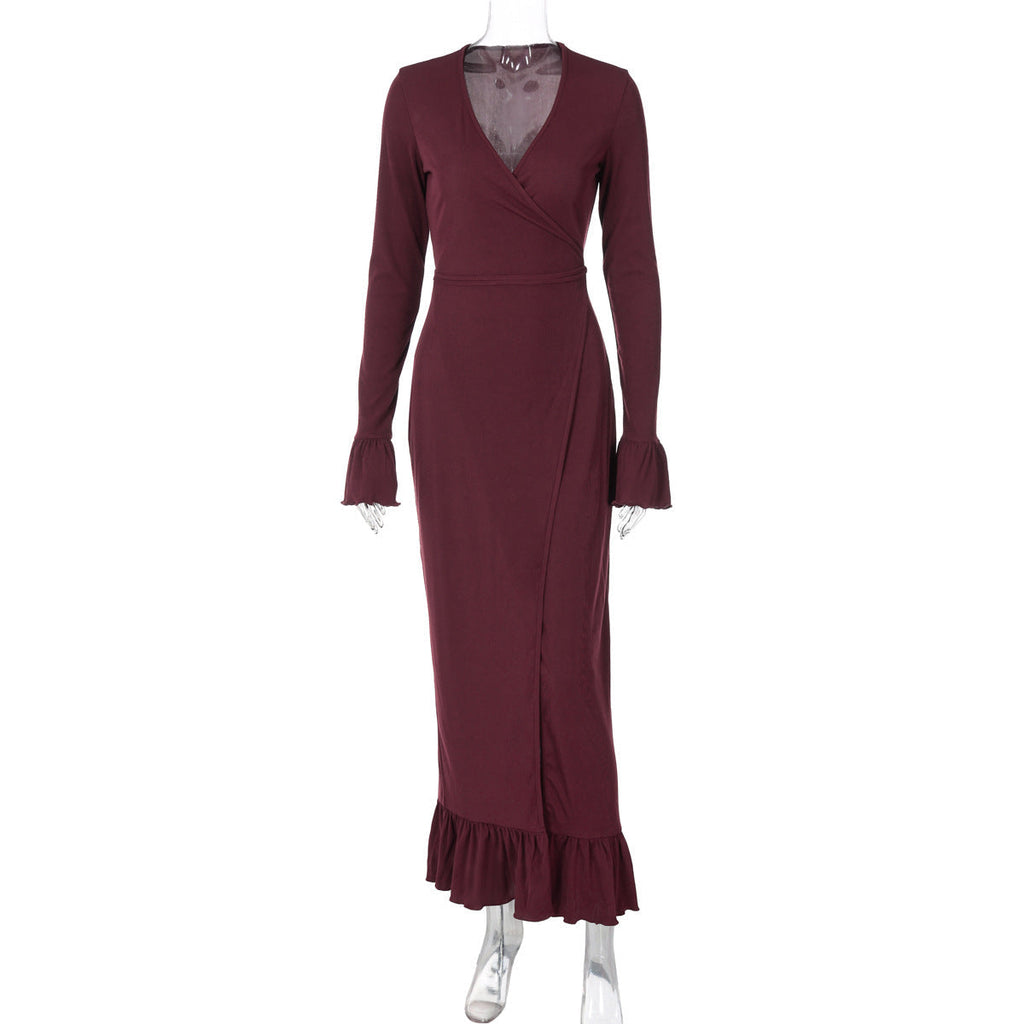 Women Clothing Autumn Winter Sexy V neck Slim Fit Slit Bell Sleeve Dress Bella Mia