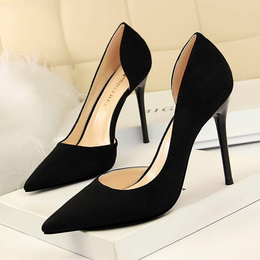 Simple Stiletto Heel Suede Shallow Mouth Pointed Toe Sexy Nightclubs Thinner Side Hollow Out Cutout Pumps