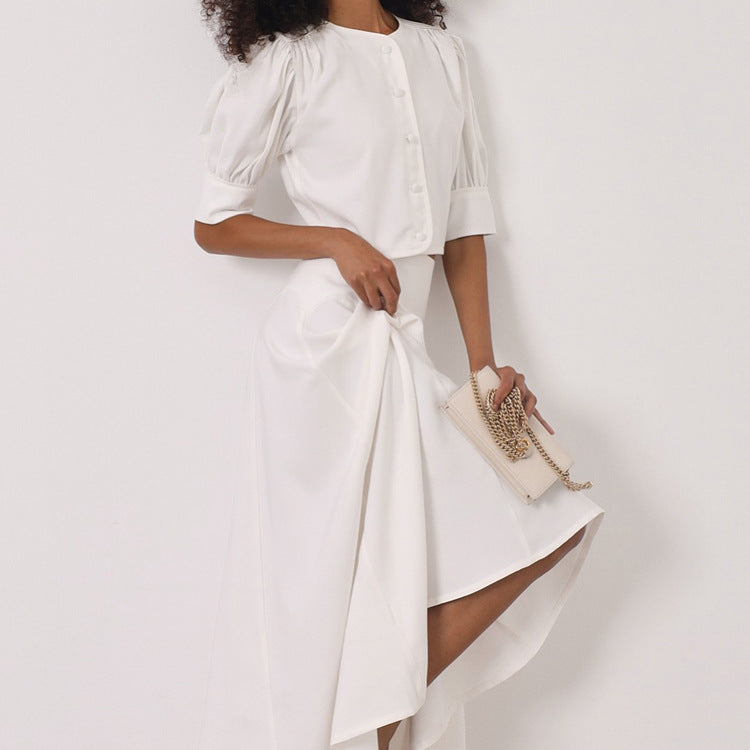 Women Clothing Satin High Grade Skirt Set round Neck Short Sleeve Cardigan Top Elegant Two Piece Set Bella Mia