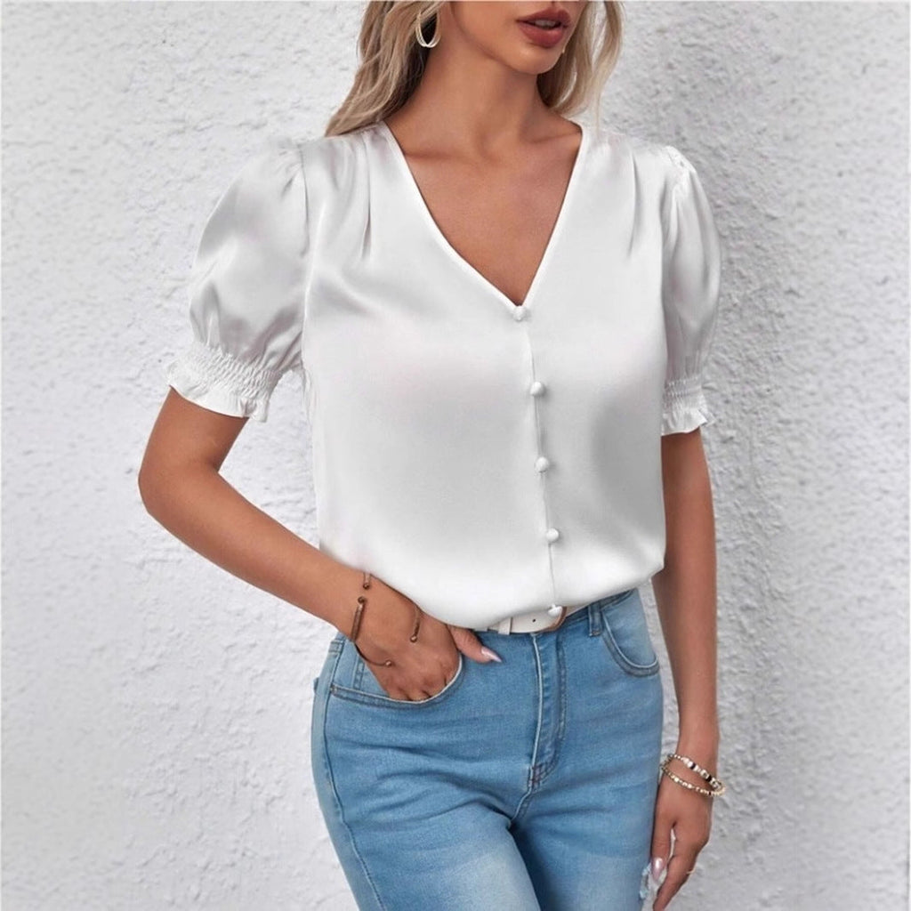 Satin V neck Buttons Shirt Spring Autumn French Casual Short Sleeve Ruffle Blouse Bella Mia