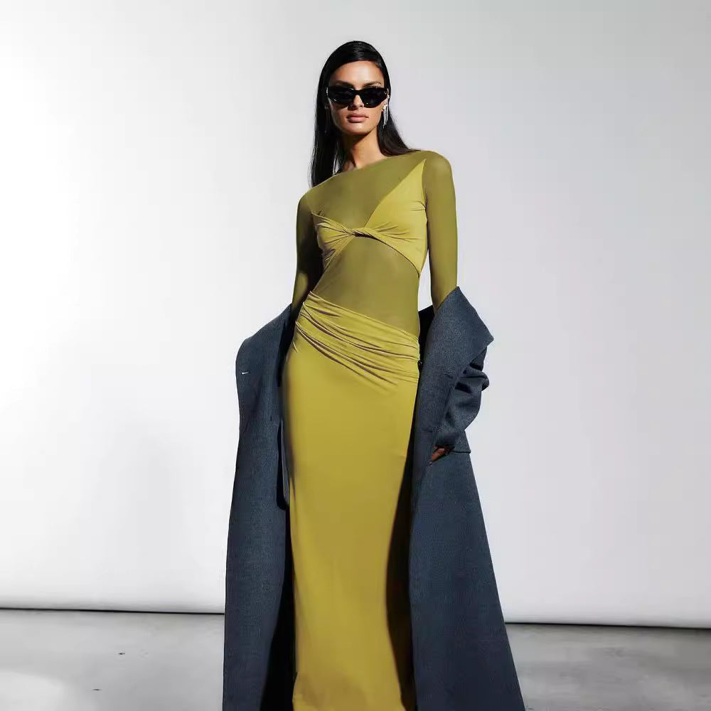 Mesh Stitching Sexy Sheer Long Sleeve Dress Women Maxi Dress Bella Mia