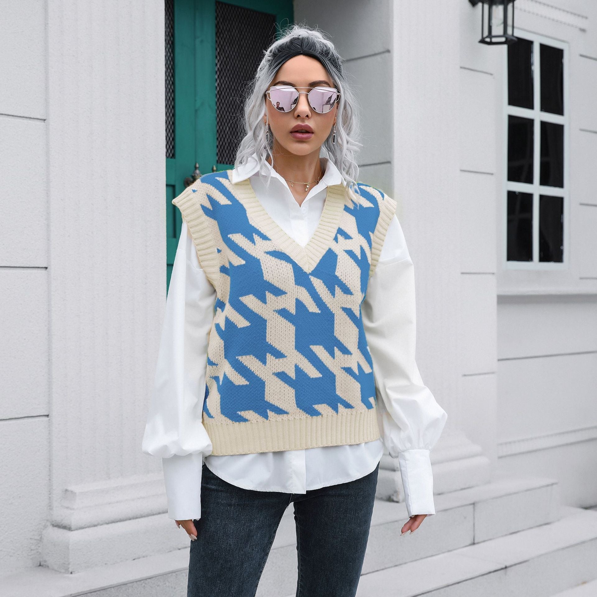 Houndstooth V-neck Vest Sweater Women Vest Outer Wear Inner Wear Autumn Winter Knitwear Sweater Boucle Bella Mia