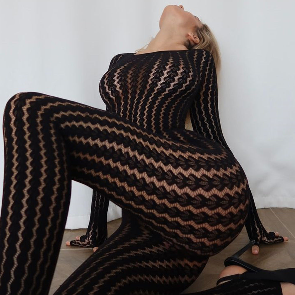 Sexy See through Summer Perspective Jumpsuit Seamless Striped Jacquard One Piece Long Sleeves One Piece Trousers Bella Mia