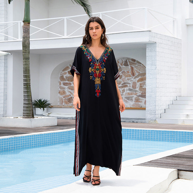 Rayon Embroidery Vacation Loose Maxi Dress Embroidery Even Bathrobe Beach Cover up Bikini Cover up Bella Mia
