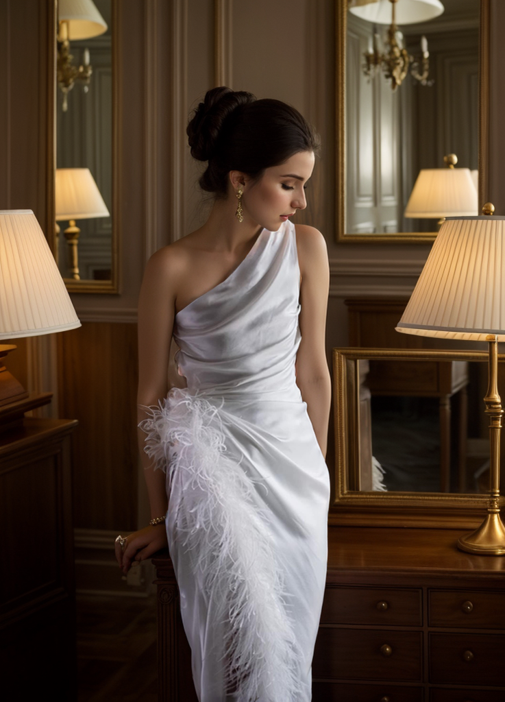 One shoulder Pleated bodice side slit silky satin prom dress Ostrich feather wedding dress SelenaHuanStudio