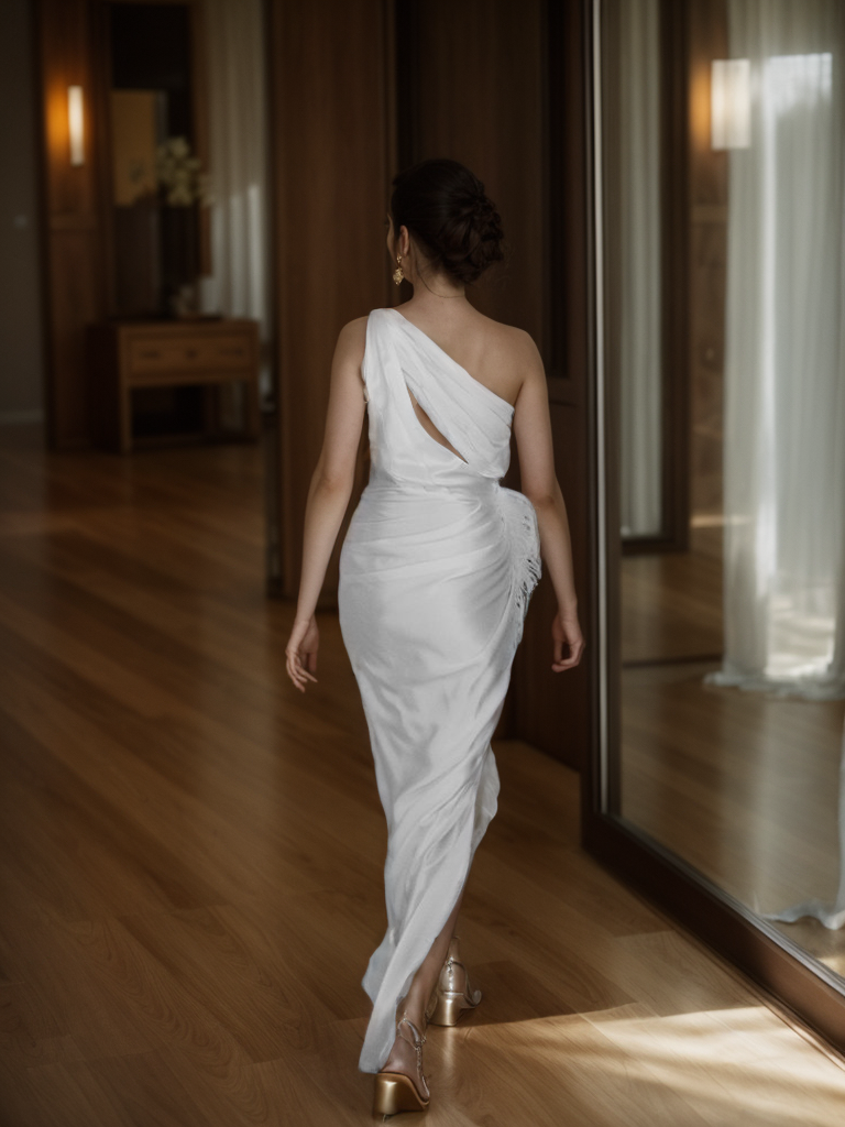 One shoulder Pleated bodice side slit silky satin prom dress Ostrich feather wedding dress SelenaHuanStudio