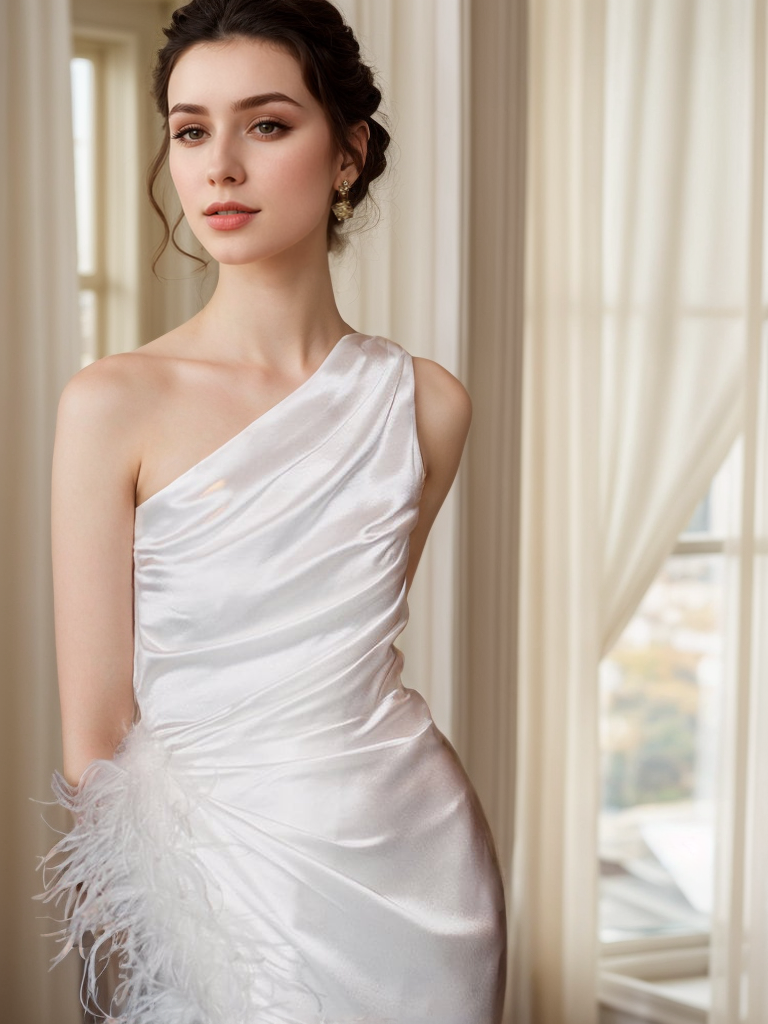 One shoulder Pleated bodice side slit silky satin prom dress Ostrich feather wedding dress SelenaHuanStudio